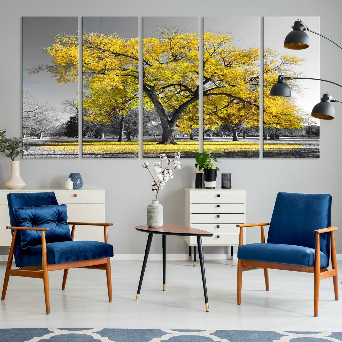Big Yellow Tree Canvas Wall Art Print Black White Yellow Art