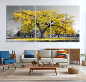 Big Yellow Tree Canvas Wall Art Print Black White Yellow Art