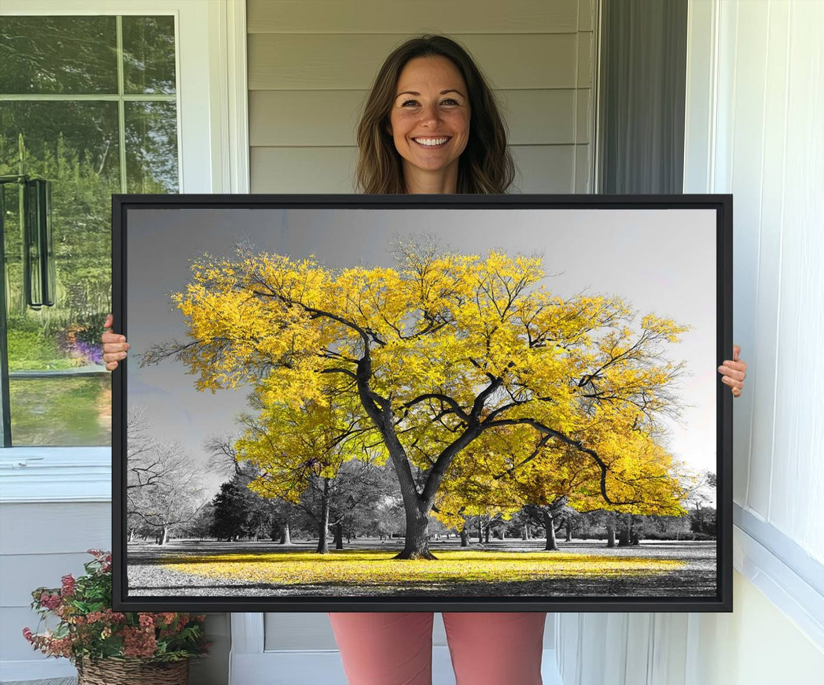 Big Yellow Tree Canvas Wall Art Print Black White Yellow Art