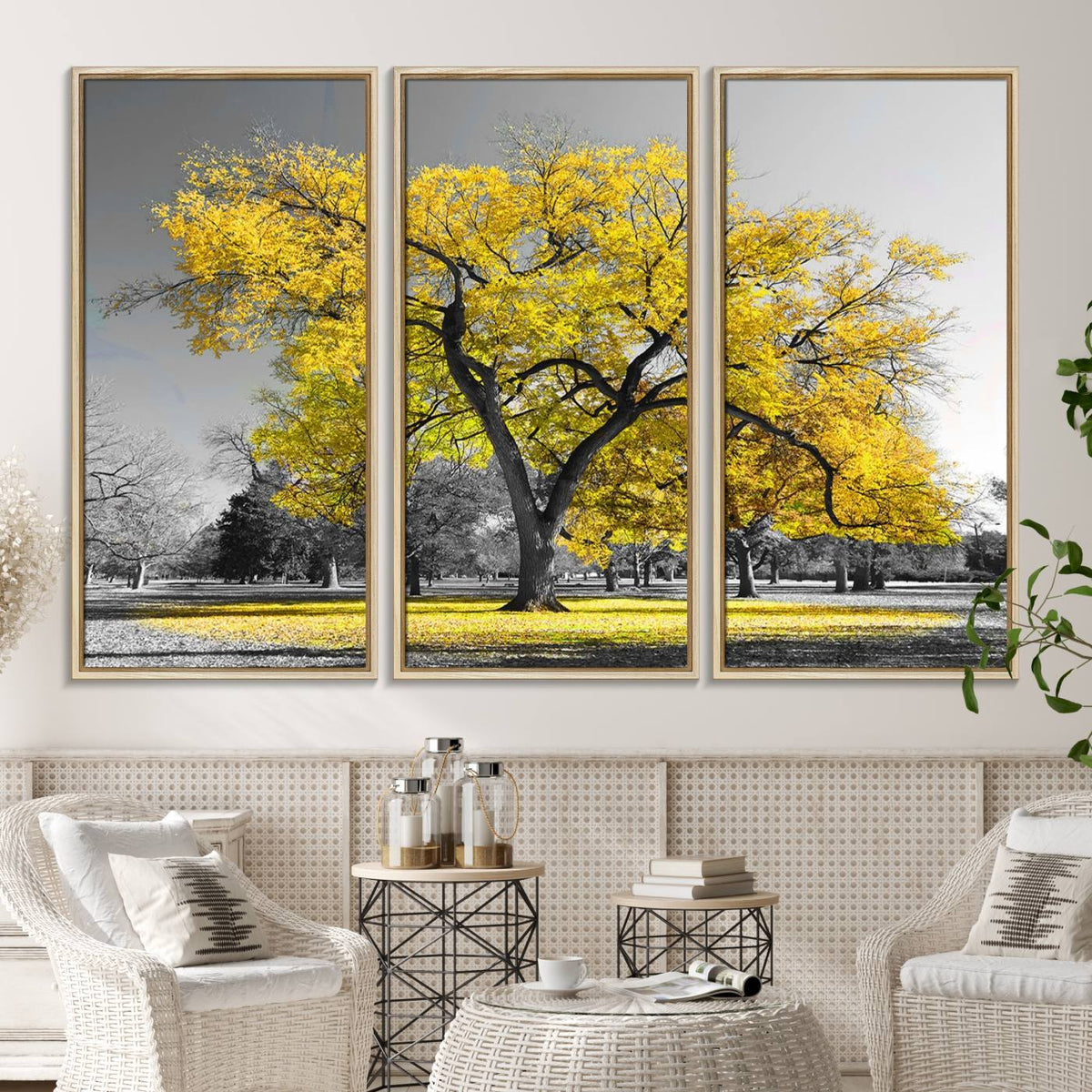 Big Yellow Tree Canvas Wall Art Print Black White Yellow Art