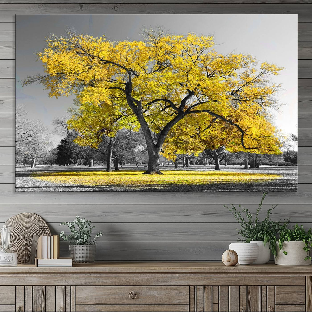 Big Yellow Tree Canvas Wall Art Print Black White Yellow Art