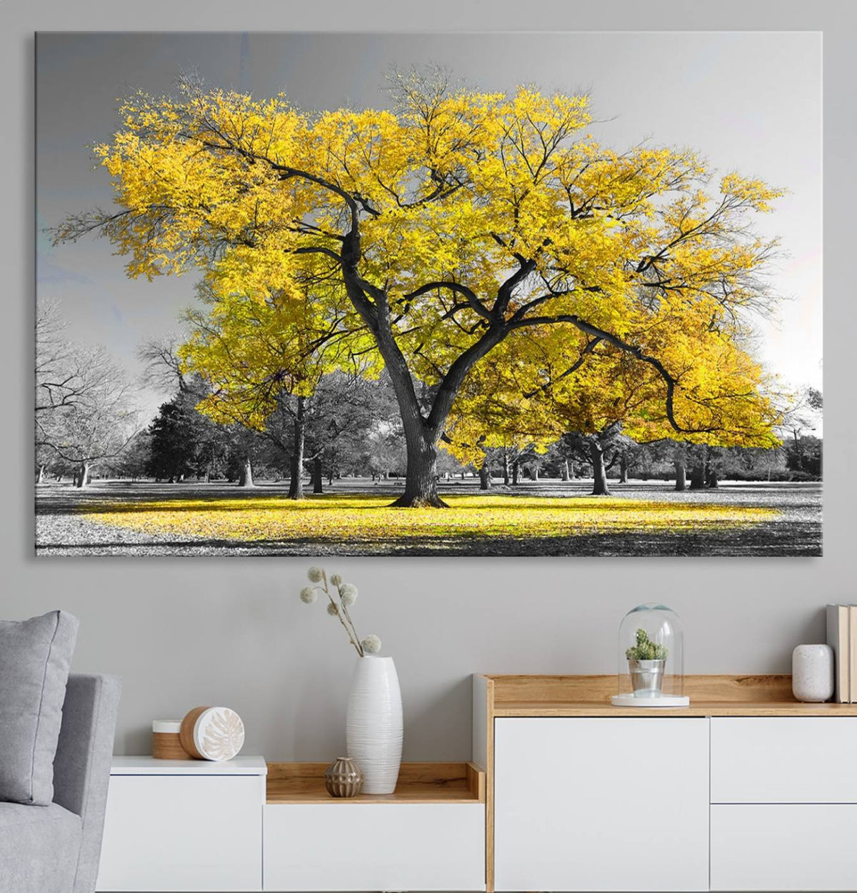 Big Yellow Tree Canvas Wall Art Print Black White Yellow Art