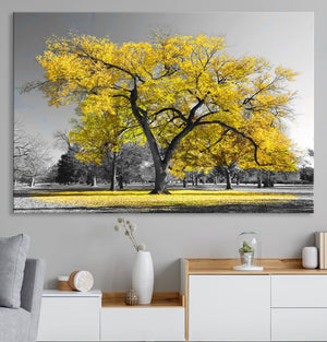Big Yellow Tree Canvas Wall Art Print Black White Yellow Art