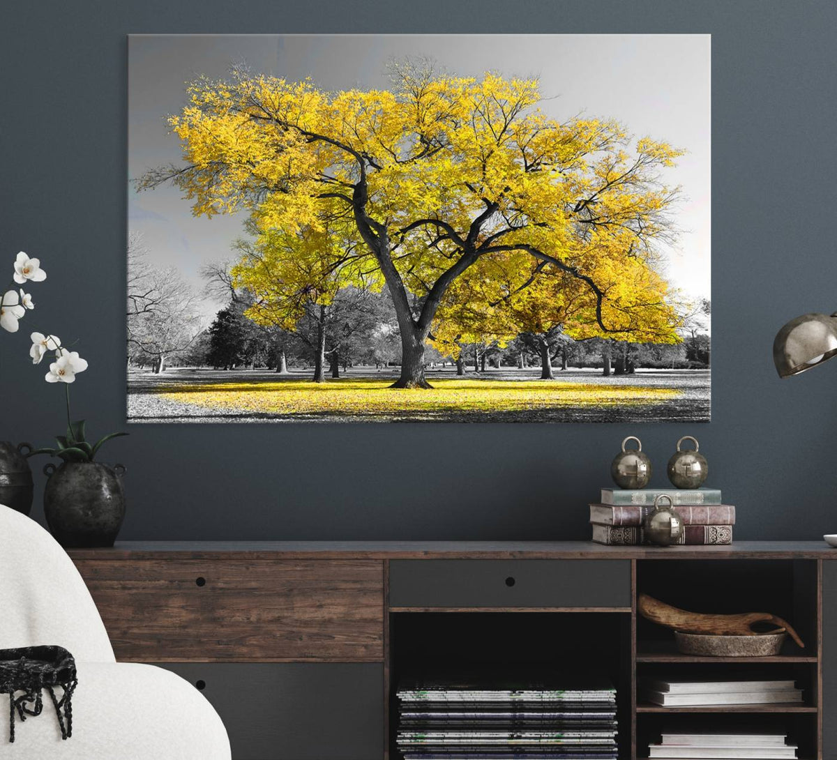 Big Yellow Tree Canvas Wall Art Print Black White Yellow Art