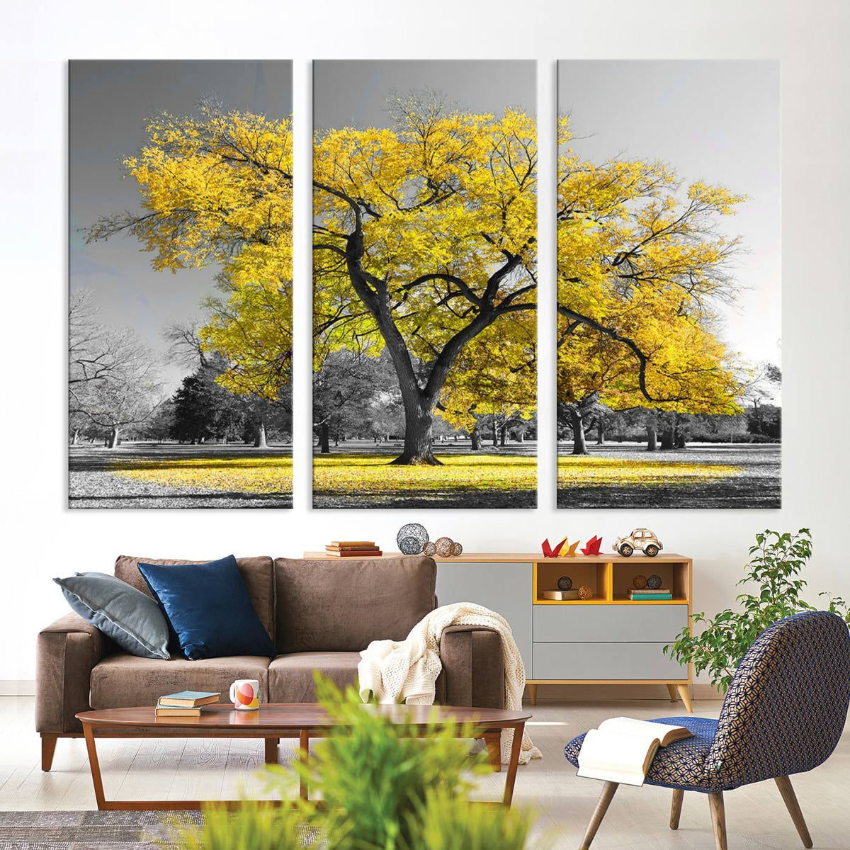 Big Yellow Tree Canvas Wall Art Print Black White Yellow Art