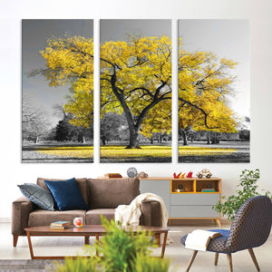 Big Yellow Tree Canvas Wall Art Print Black White Yellow Art