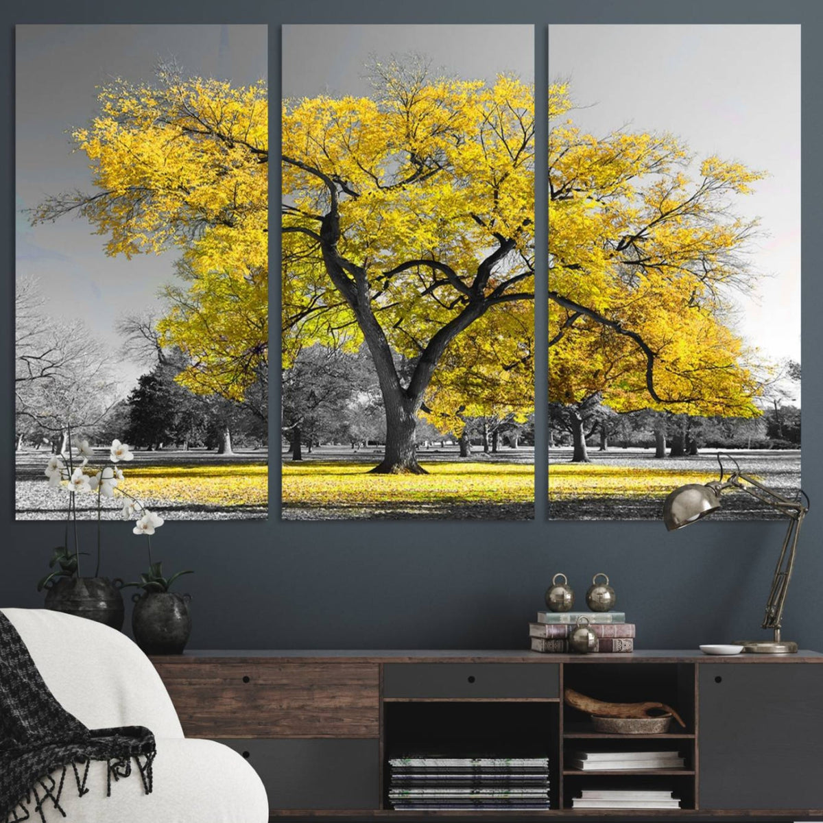 Big Yellow Tree Canvas Wall Art Print Black White Yellow Art