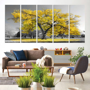 Big Yellow Tree Canvas Wall Art Print Black White Yellow Art