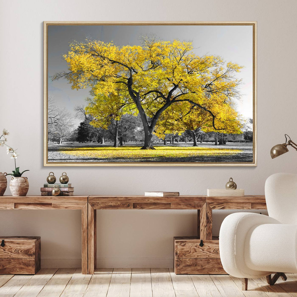 Big Yellow Tree Canvas Wall Art Print Black White Yellow Art