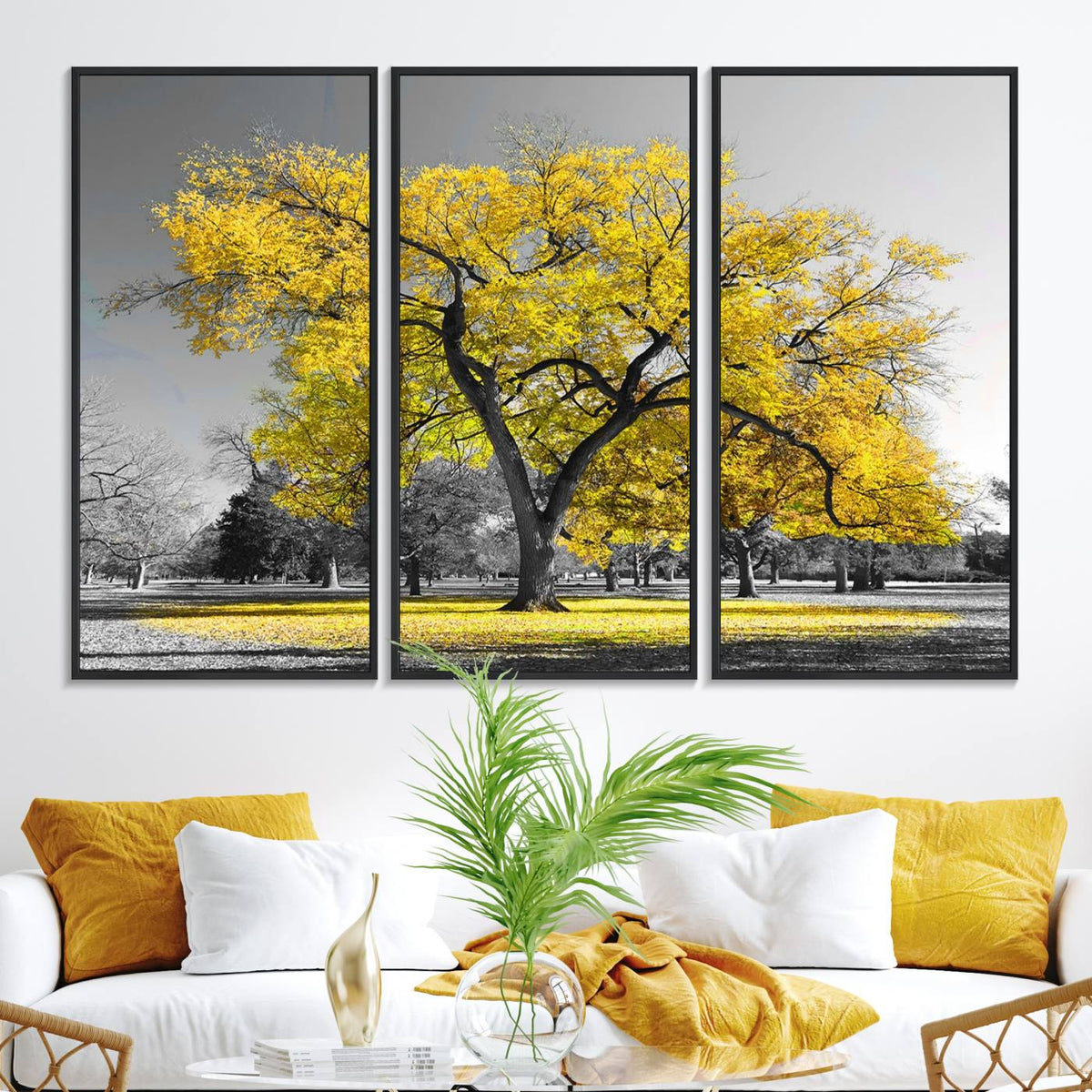 Big Yellow Tree Canvas Wall Art Print Black White Yellow Art
