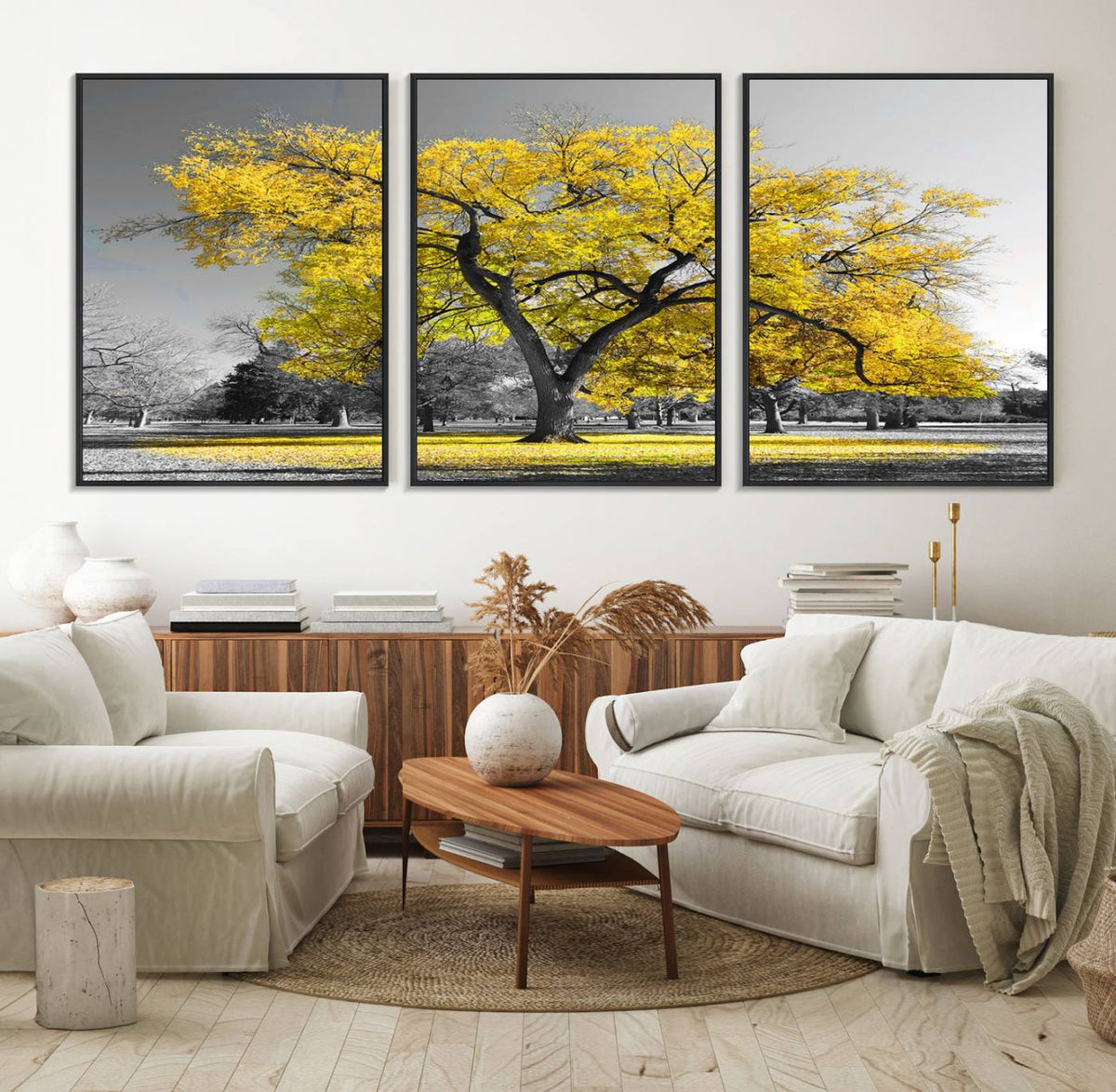 Big Yellow Tree Canvas Wall Art Print Black White Yellow Art