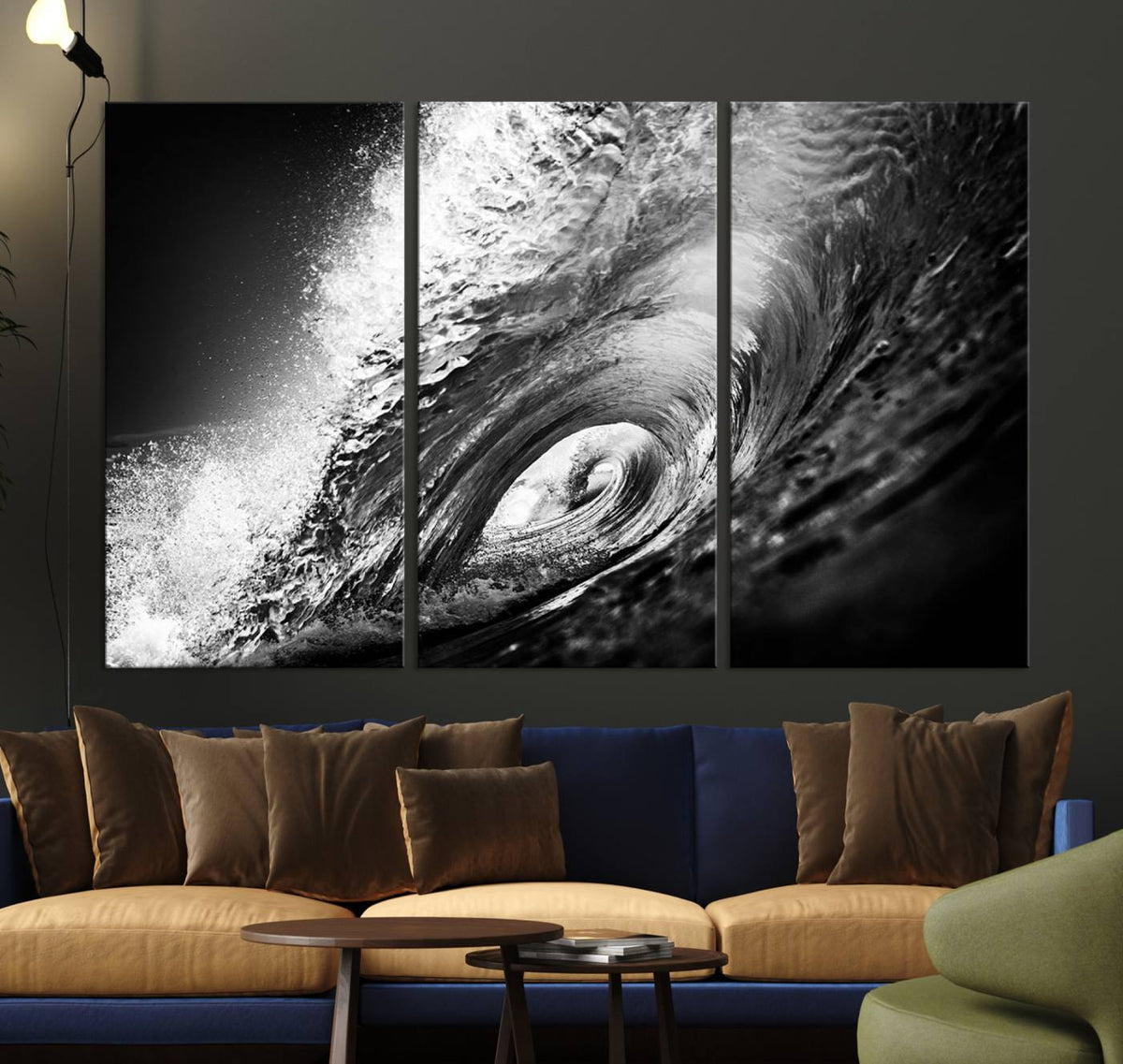 Black Ocean Wave at Sunset Canvas Art, Large Wall Print of