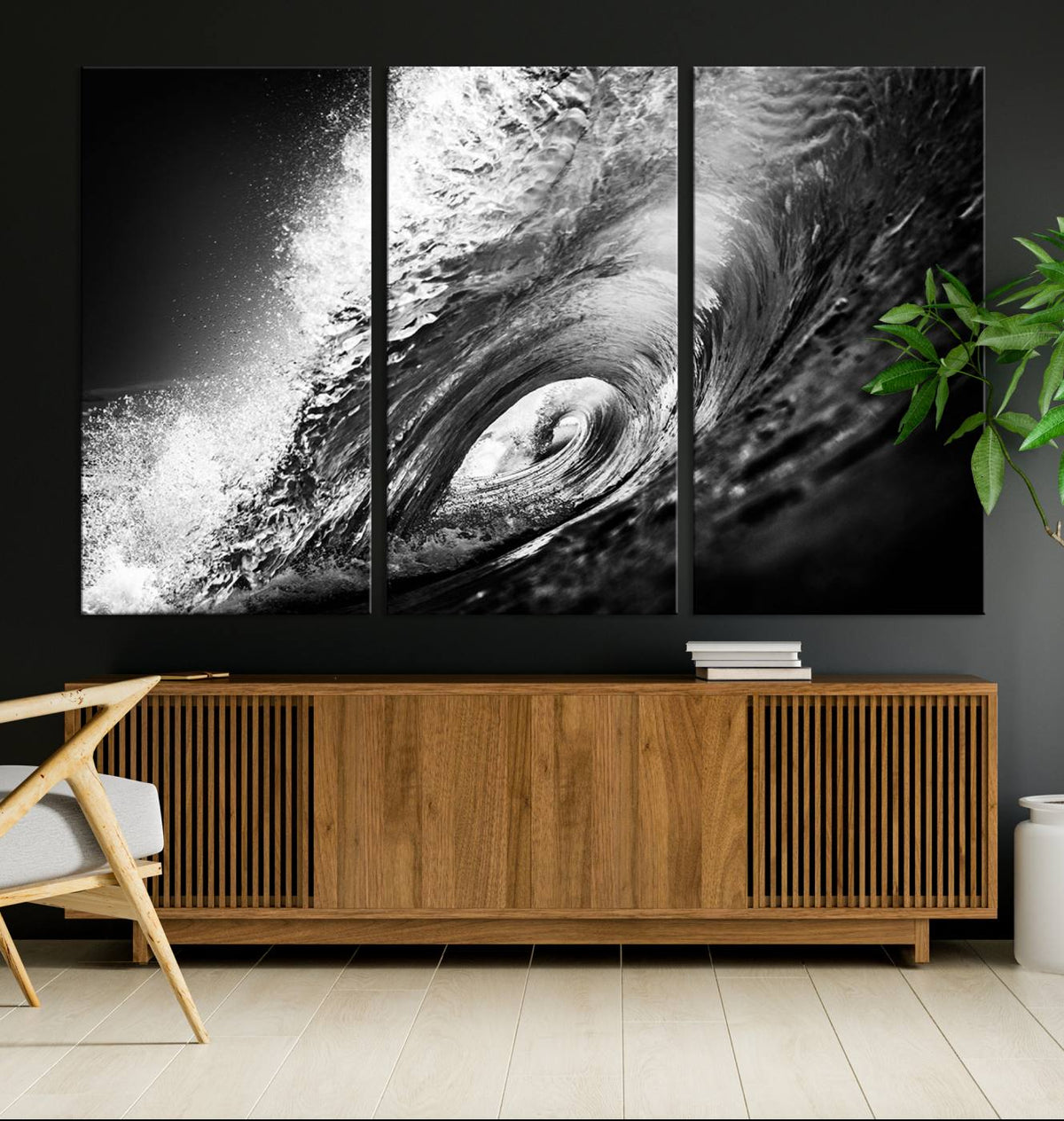 Black Ocean Wave at Sunset Canvas Art, Large Wall Print of