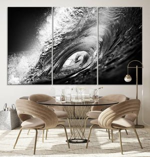 Black Ocean Wave at Sunset Canvas Art, Large Wall Print of