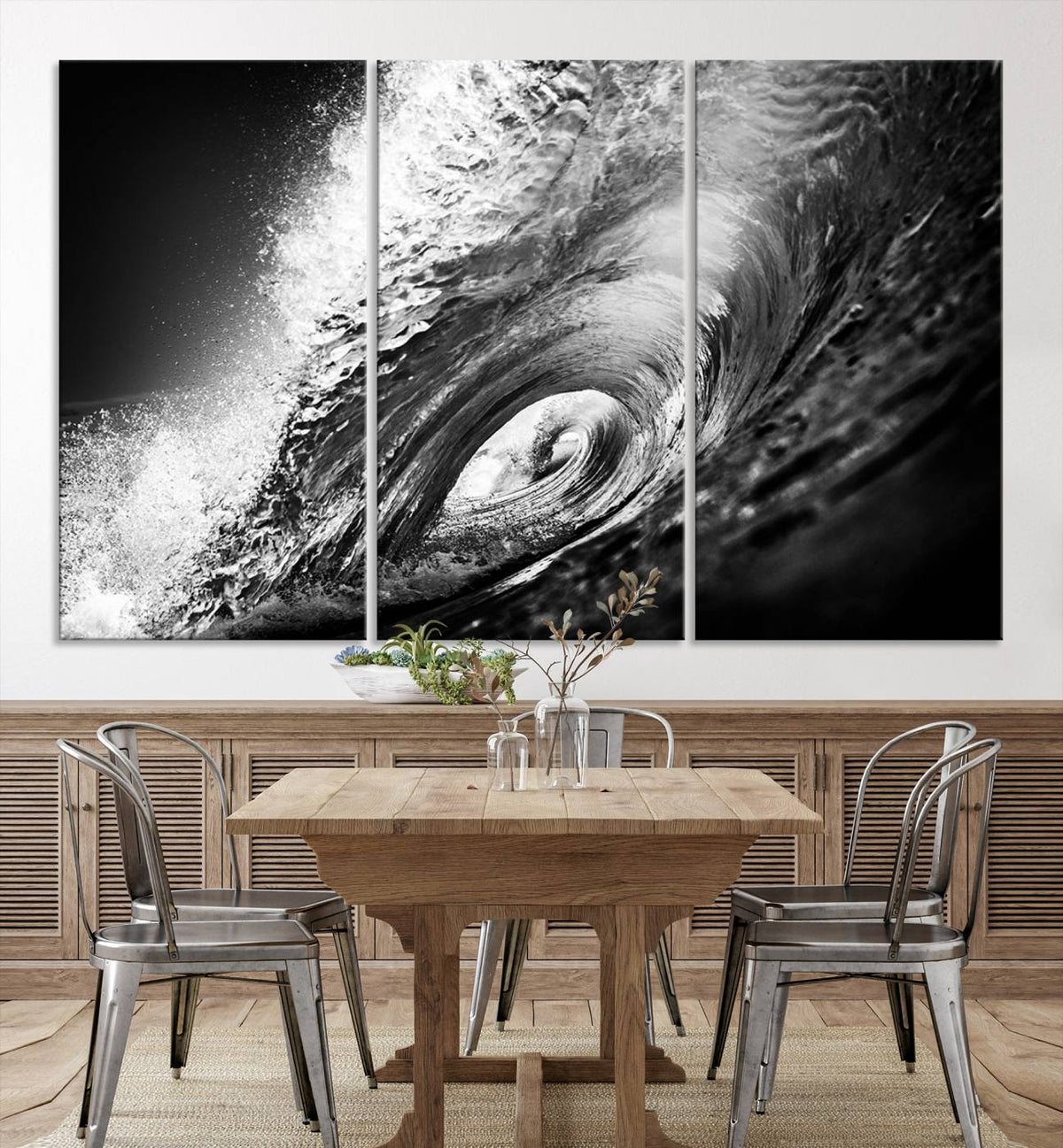 Black Ocean Wave at Sunset Canvas Art, Large Wall Print of