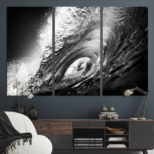 Black Ocean Wave at Sunset Canvas Art, Large Wall Print of