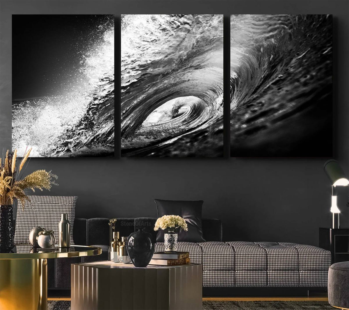 Black Ocean Wave at Sunset Canvas Art, Large Wall Print of