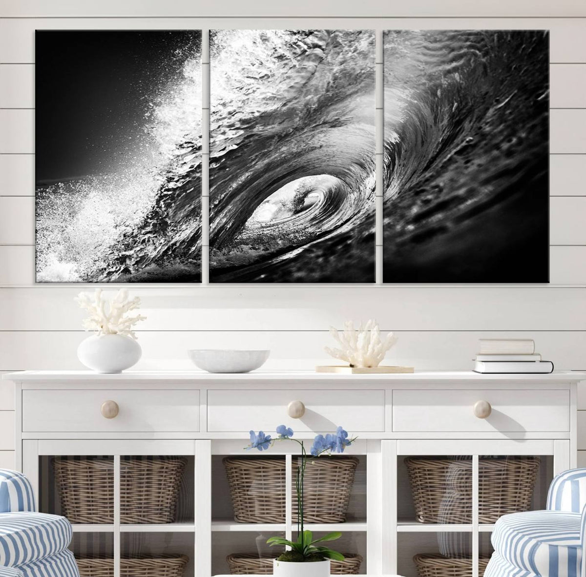 Black Ocean Wave at Sunset Canvas Art, Large Wall Print of
