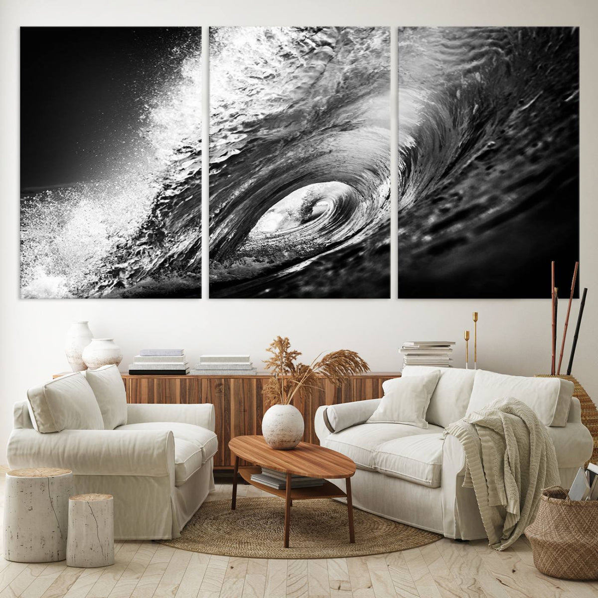 Black Ocean Wave at Sunset Canvas Art, Large Wall Print of