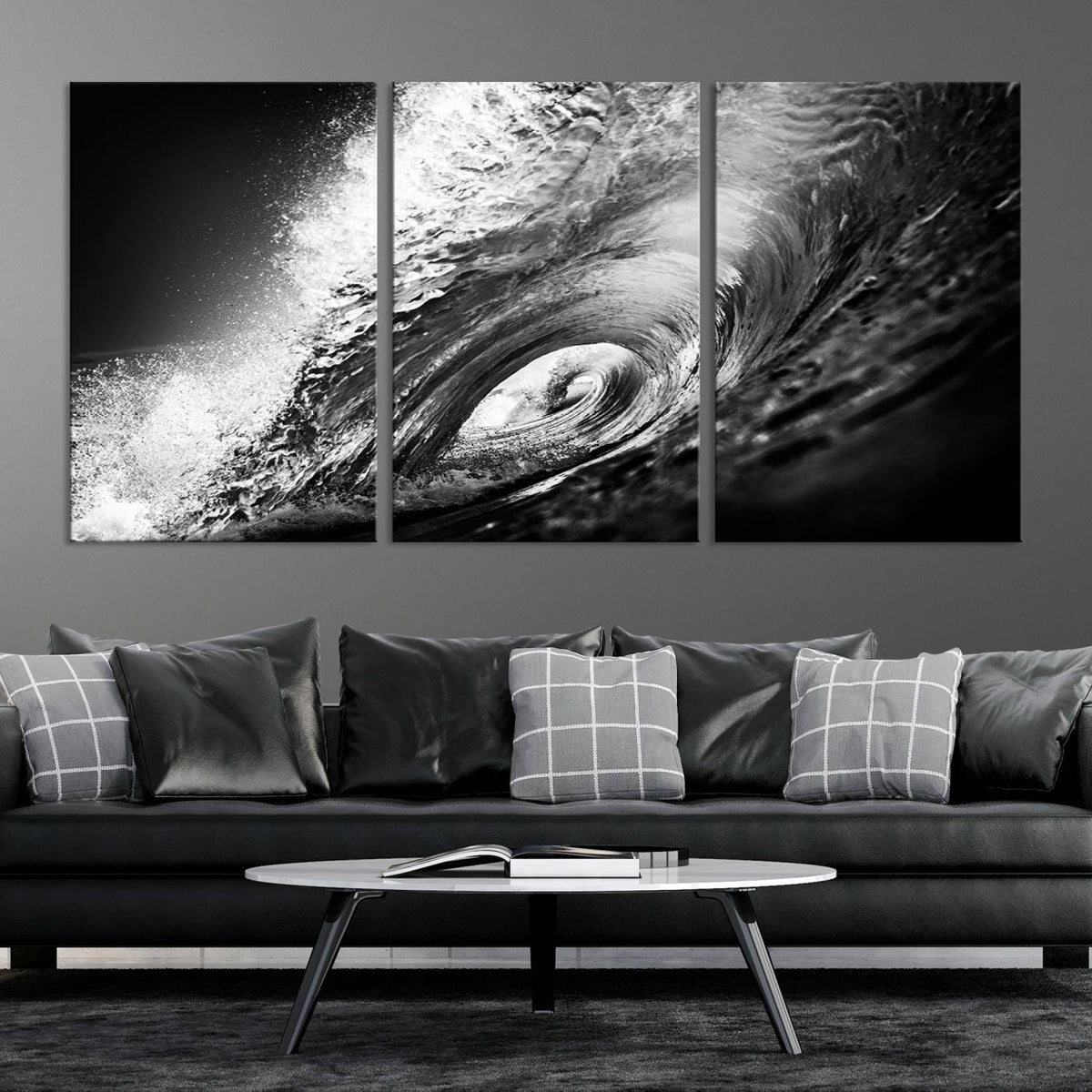 Black Ocean Wave at Sunset Canvas Art, Large Wall Print of