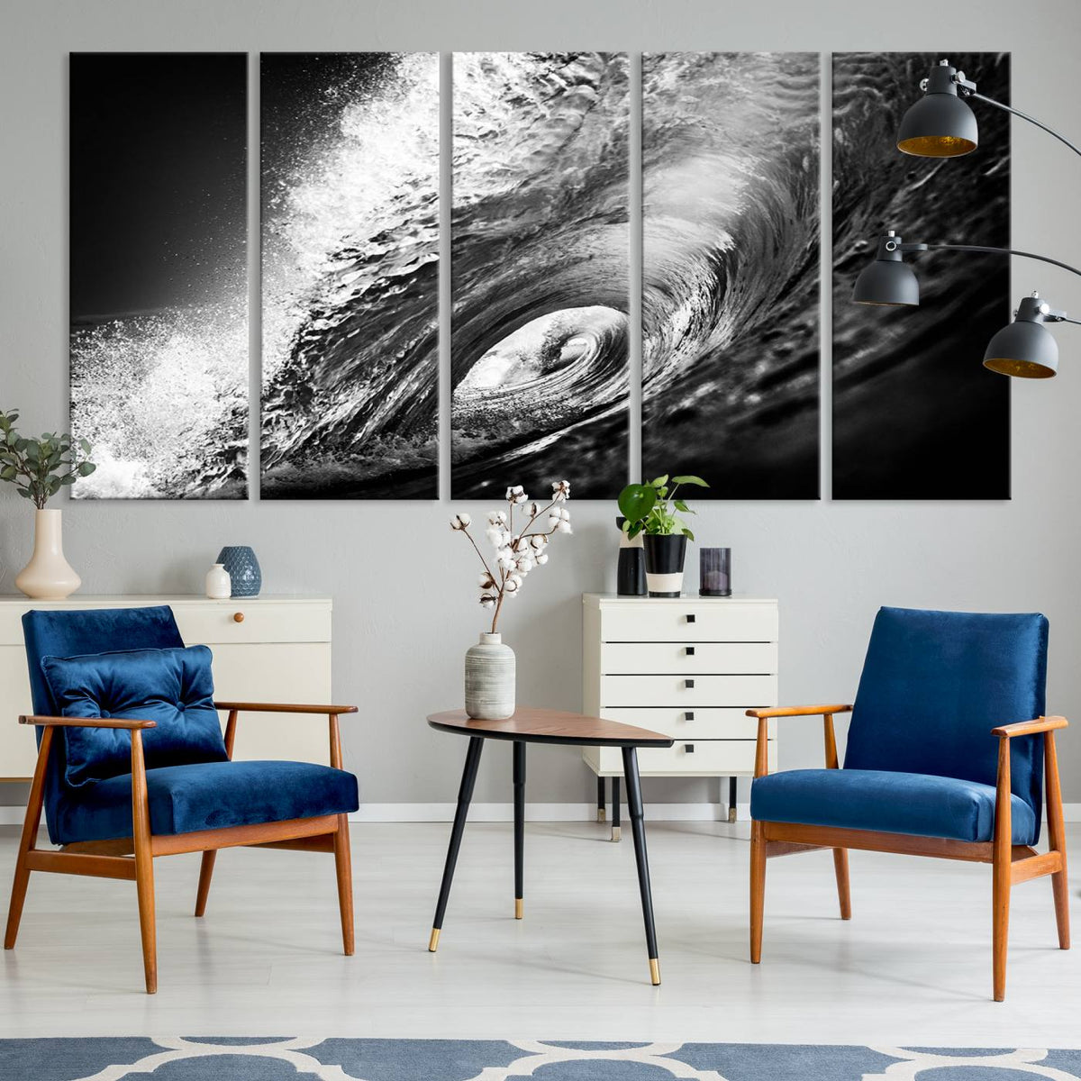 Black Ocean Wave at Sunset Canvas Art, Large Wall Print of