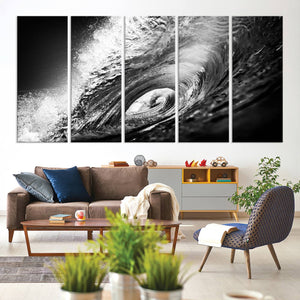 Black Ocean Wave at Sunset Canvas Art, Large Wall Print of