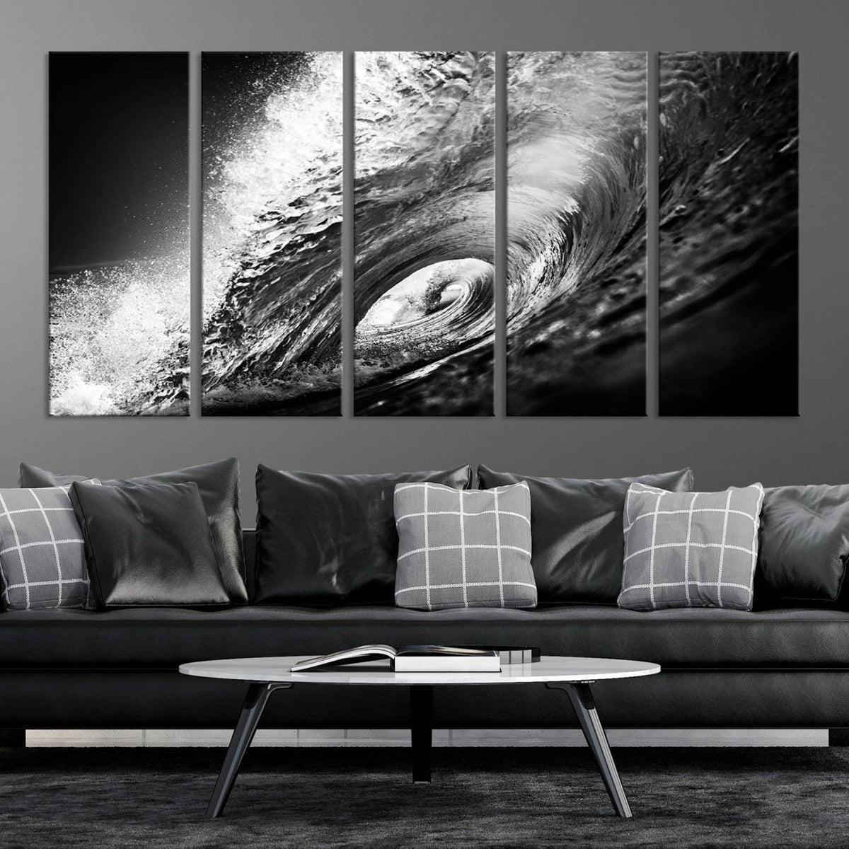 Black Ocean Wave at Sunset Canvas Art, Large Wall Print of