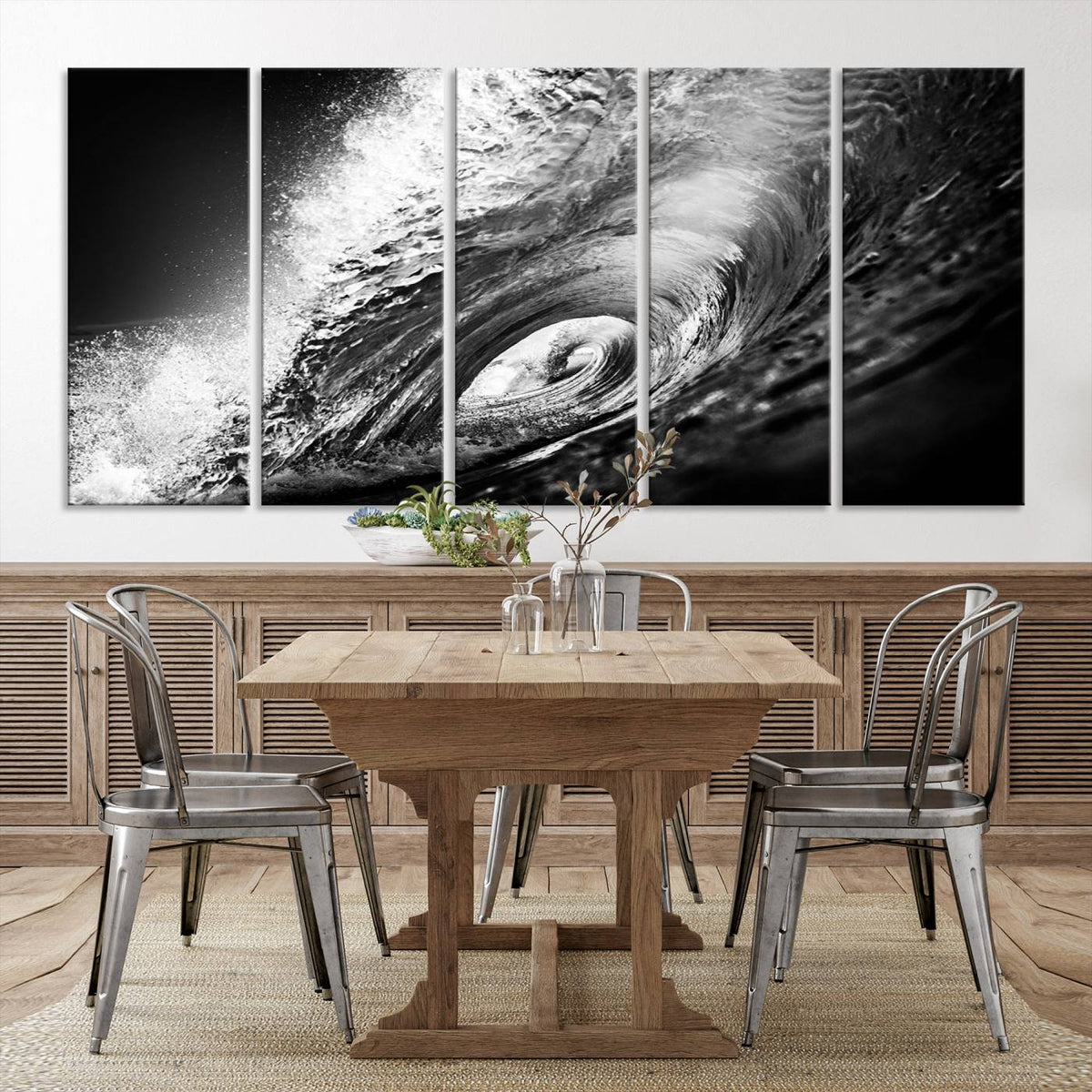 Black Ocean Wave at Sunset Canvas Art, Large Wall Print of