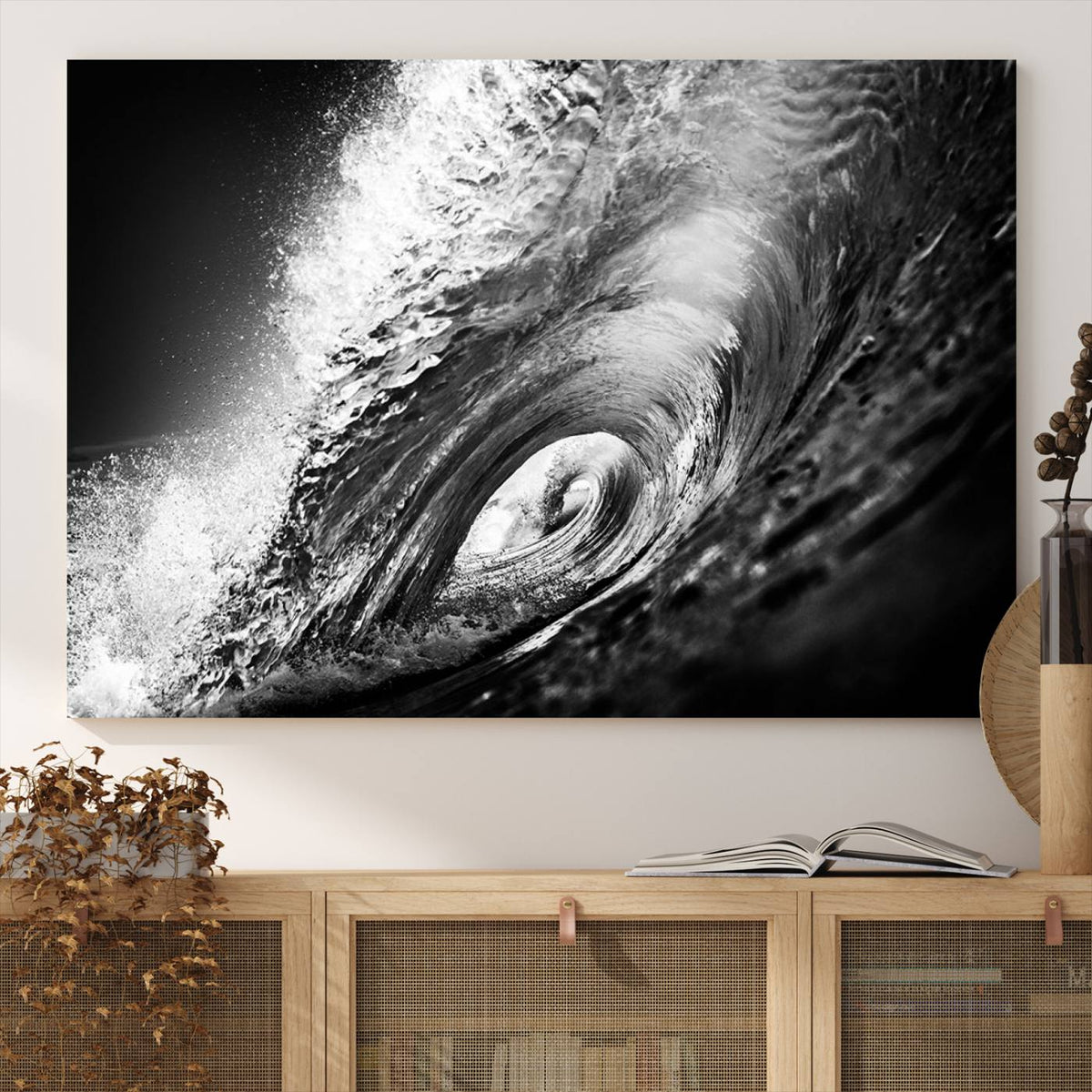 Black Ocean Wave at Sunset Canvas Art, Large Wall Print of
