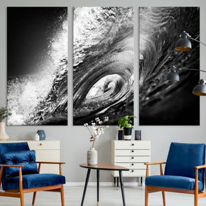 Black Ocean Wave at Sunset Canvas Art, Large Wall Print of