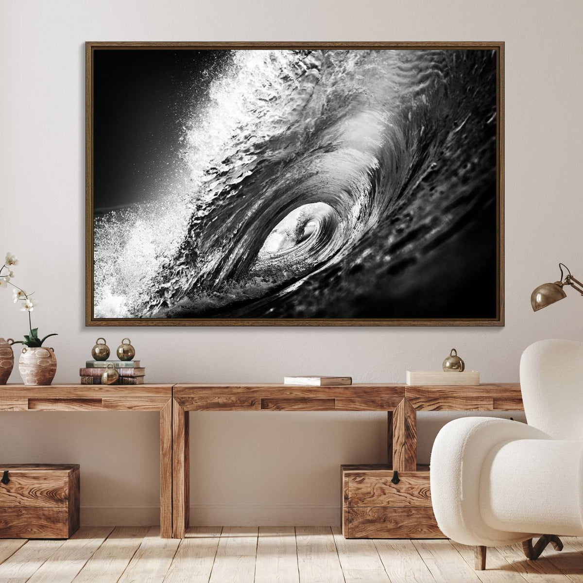 Black Ocean Wave at Sunset Canvas Art, Large Wall Print of