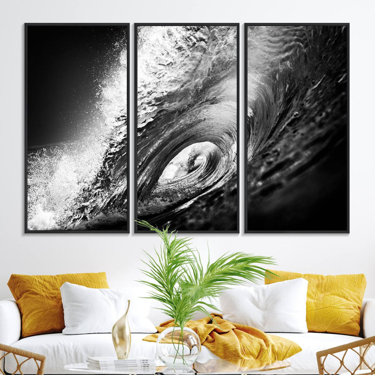 Black Ocean Wave at Sunset Canvas Art, Large Wall Print of