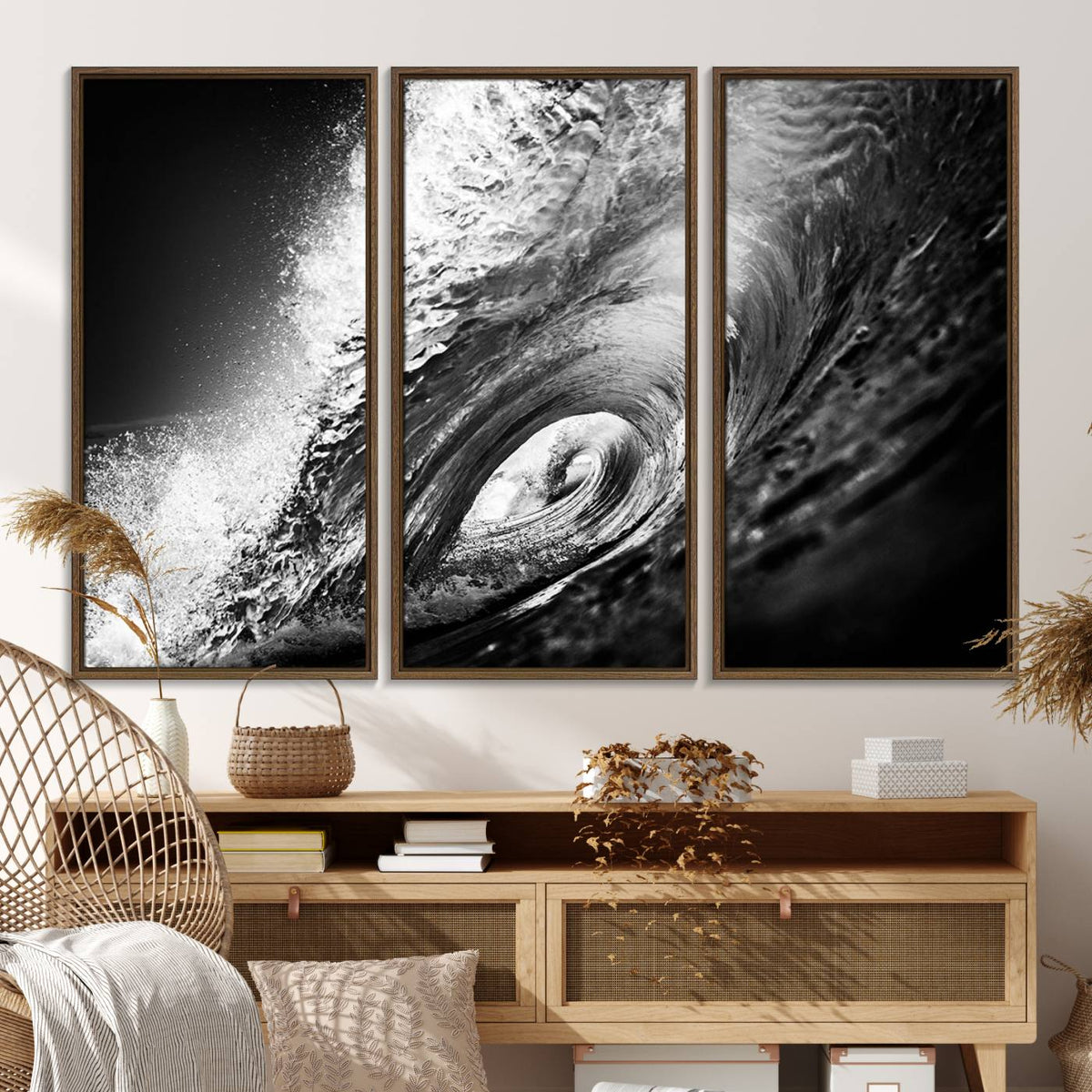 Black Ocean Wave at Sunset Canvas Art, Large Wall Print of