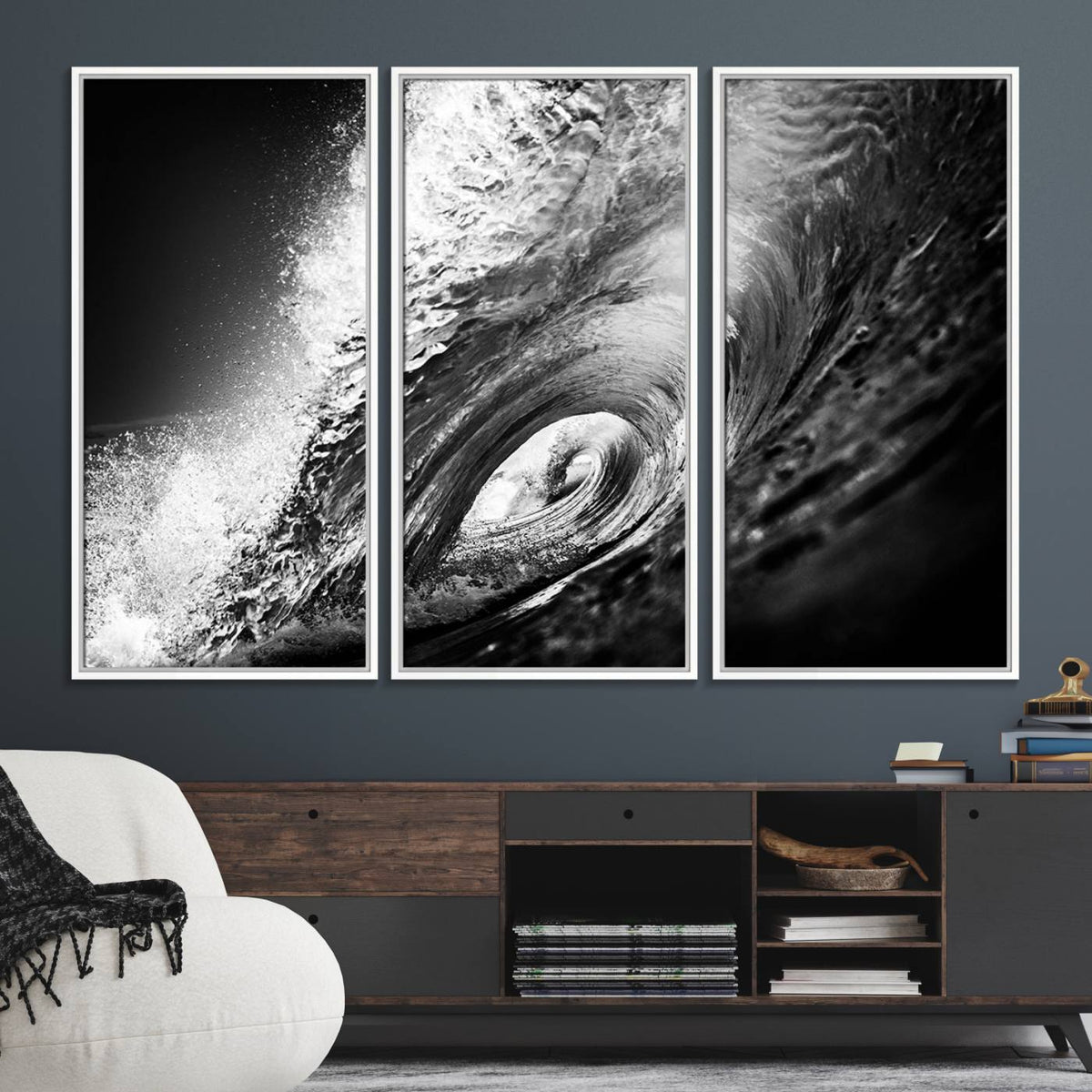 Black Ocean Wave at Sunset Canvas Art, Large Wall Print of
