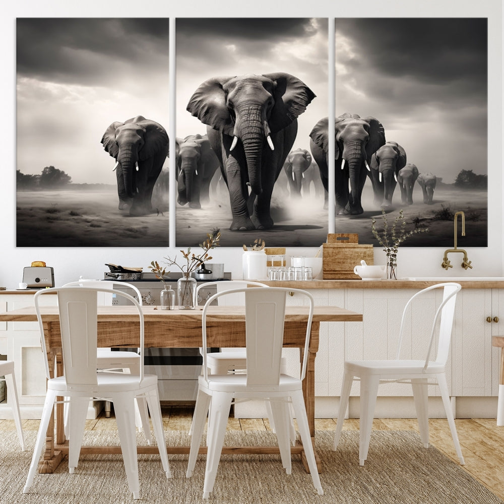 Black White Elephant Family Wall Art Canvas Print