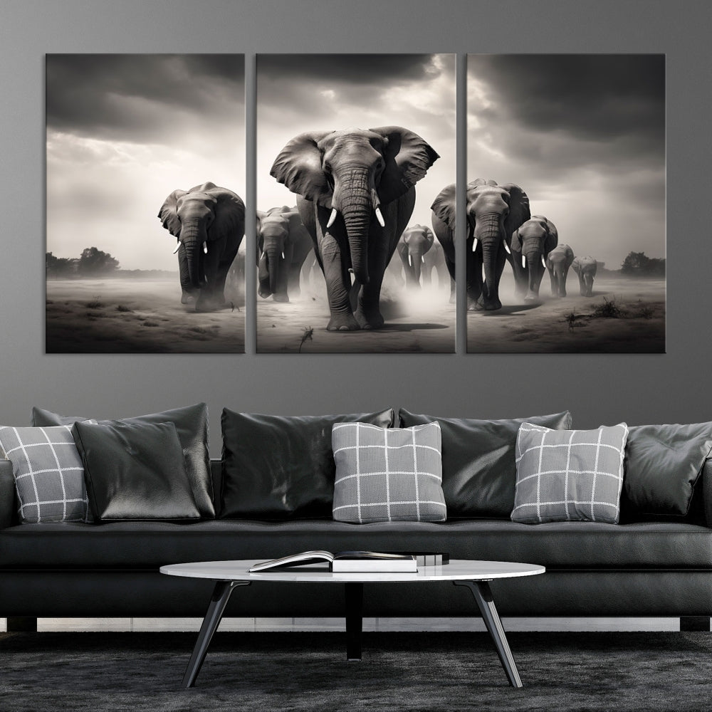 Black White Elephant Family Wall Art Canvas Print