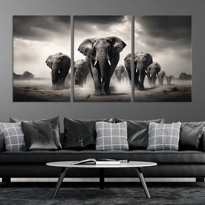 Black White Elephant Family Wall Art Canvas Print