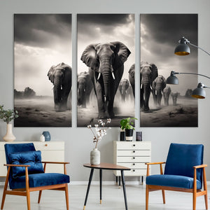 Black White Elephant Family Wall Art Canvas Print