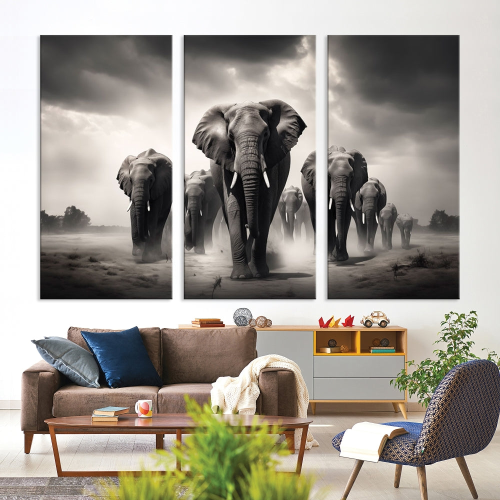 Black White Elephant Family Wall Art Canvas Print