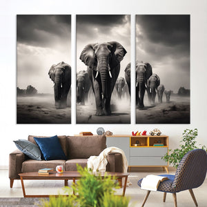 Black White Elephant Family Wall Art Canvas Print