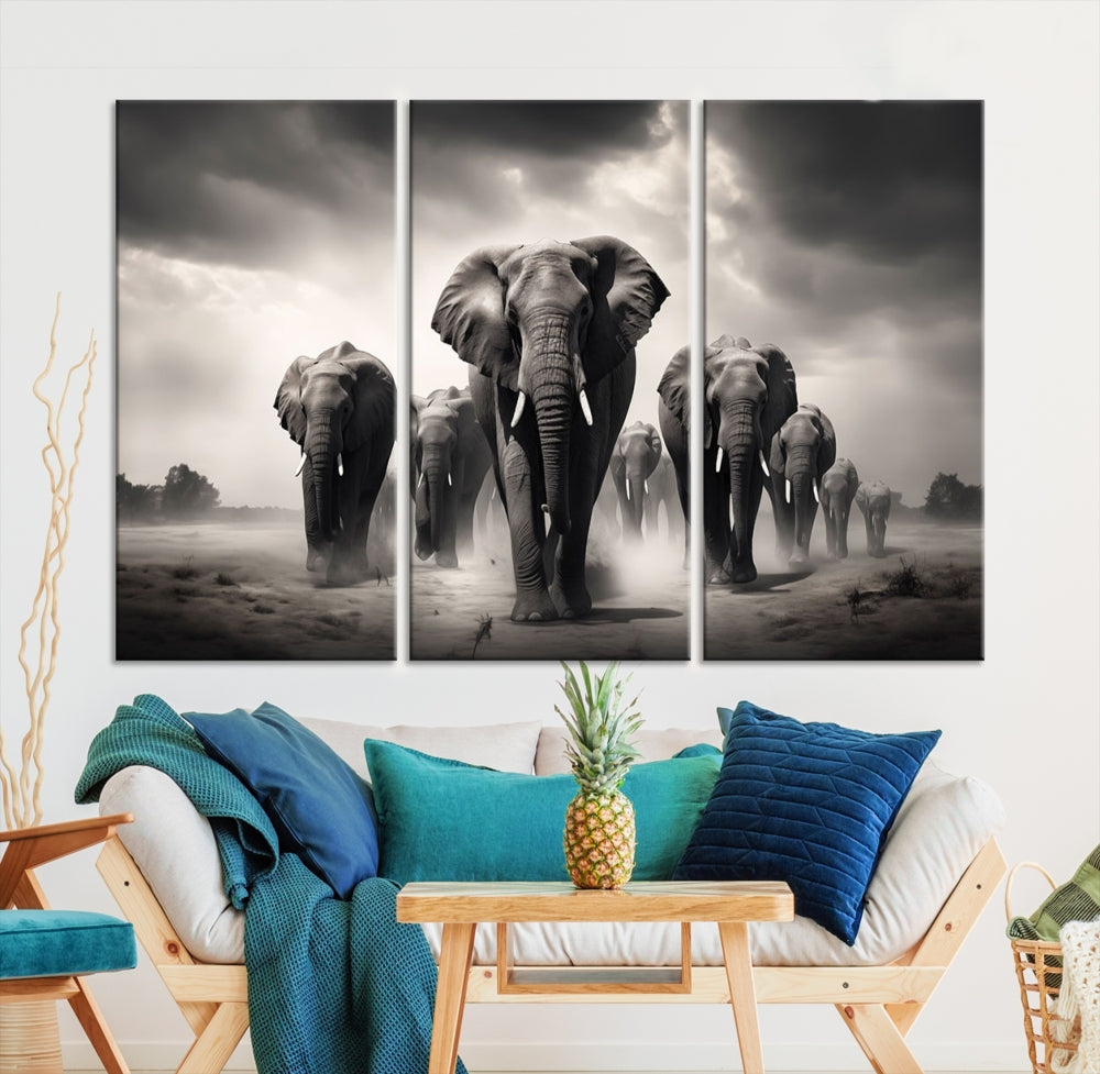 Black White Elephant Family Wall Art Canvas Print