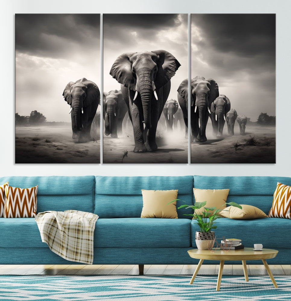 Black White Elephant Family Wall Art Canvas Print