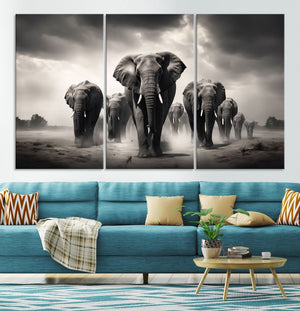 Black White Elephant Family Wall Art Canvas Print