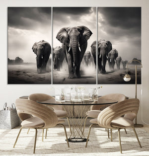 Black White Elephant Family Wall Art Canvas Print