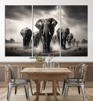 Black White Elephant Family Wall Art Canvas Print