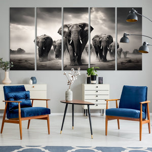 Black White Elephant Family Wall Art Canvas Print