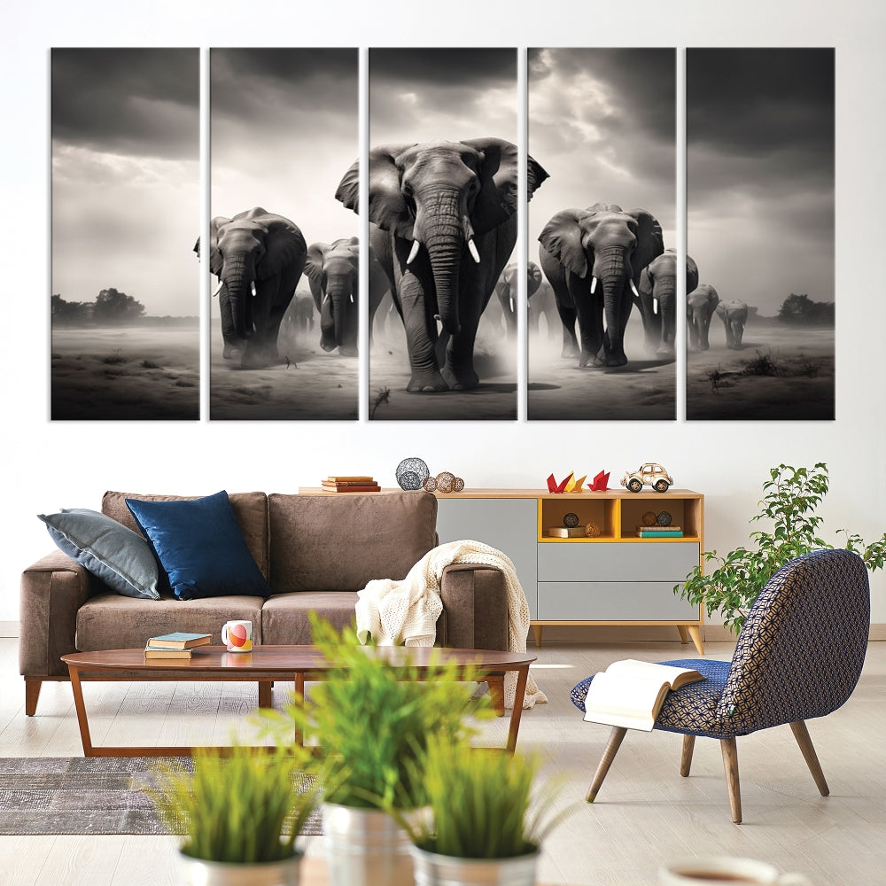 Black White Elephant Family Wall Art Canvas Print