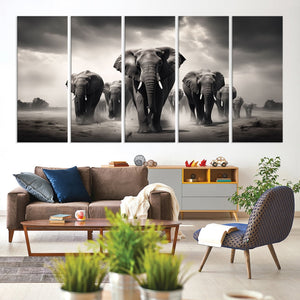 Black White Elephant Family Wall Art Canvas Print