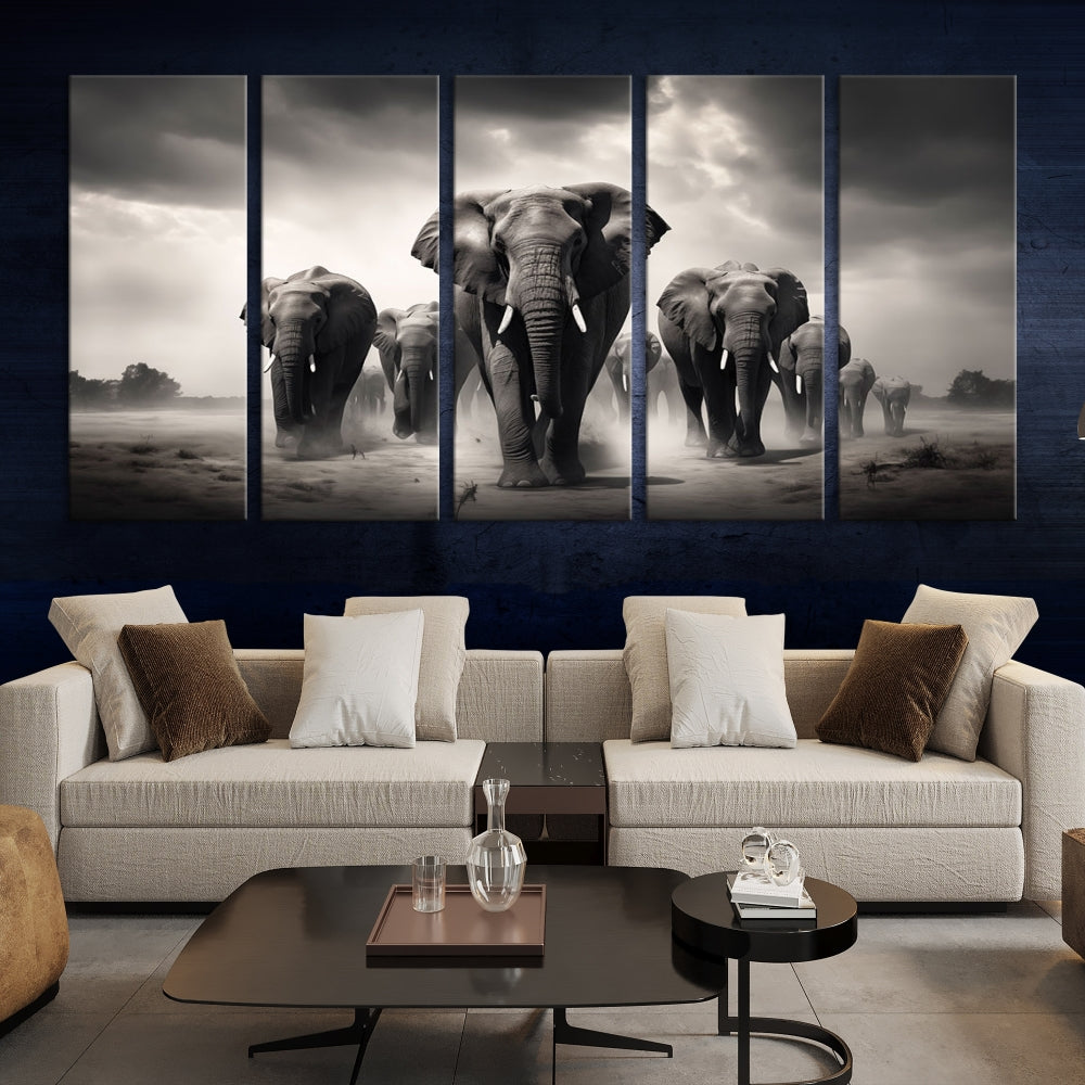 Black White Elephant Family Wall Art Canvas Print