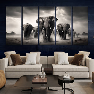 Black White Elephant Family Wall Art Canvas Print